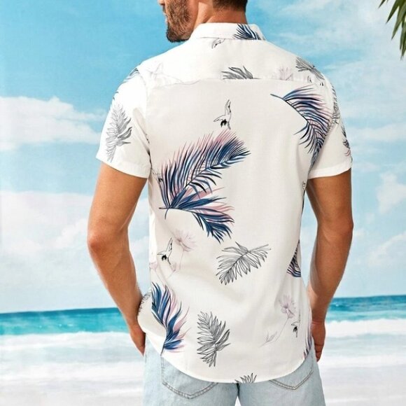 White Vacation Style Men's Hawaiian Print Shirt - Picture 2 of 5